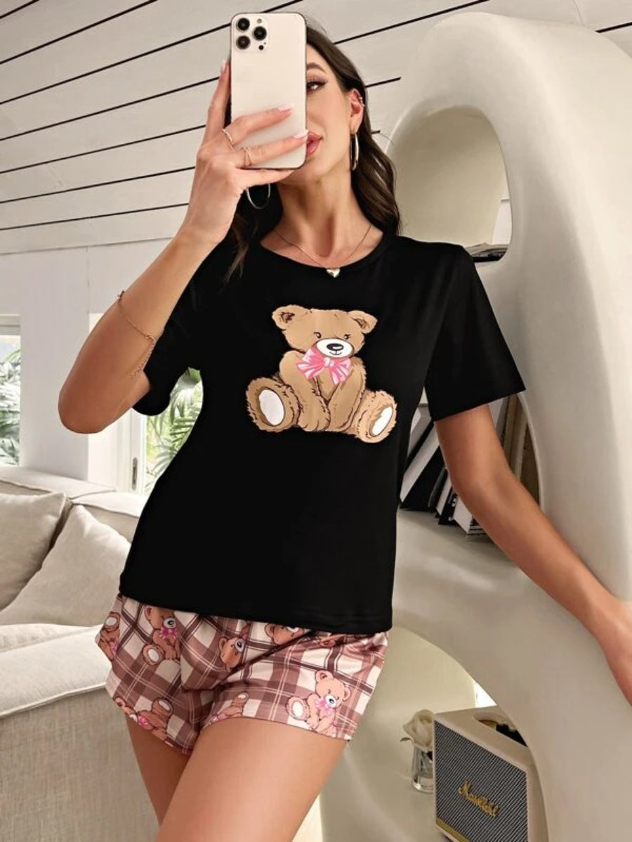 Cartoon Graphic Tee And Plaid Print Shorts Set