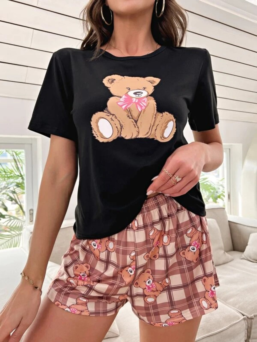 Cartoon Graphic Tee And Plaid Print Shorts Set