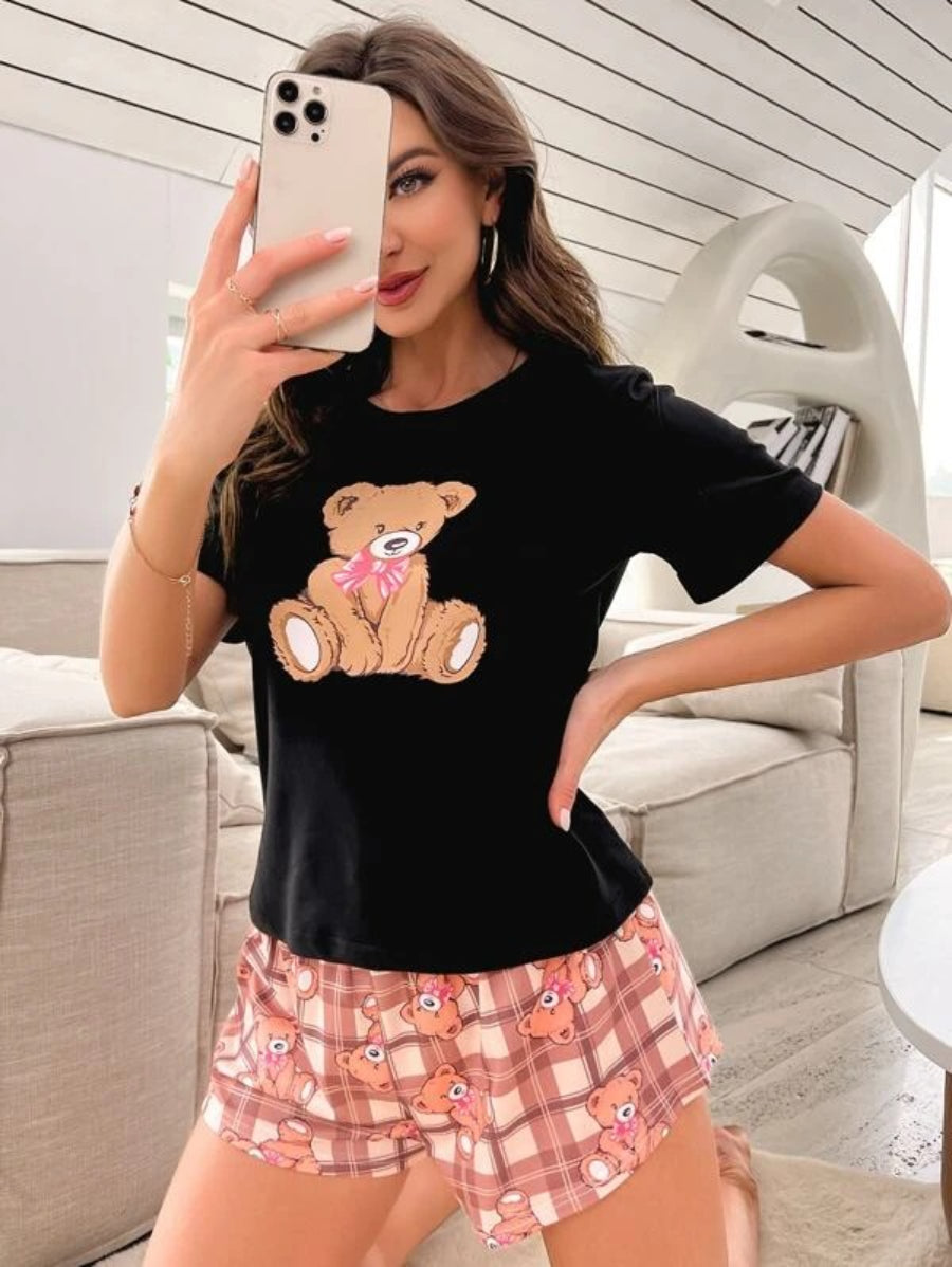 Cartoon Graphic Tee And Plaid Print Shorts Set