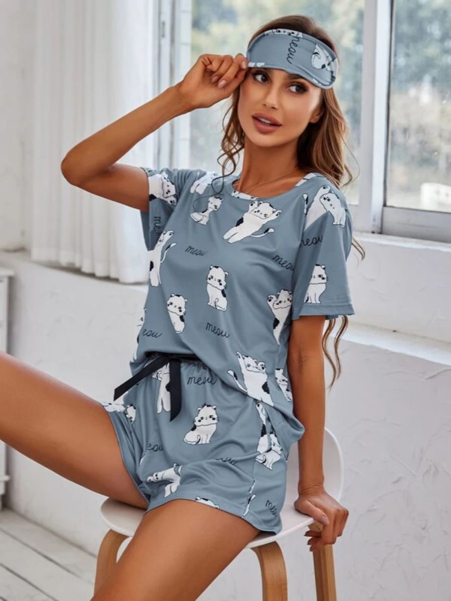 Cartoon Graphic Top And Waist Shorts Set Blue