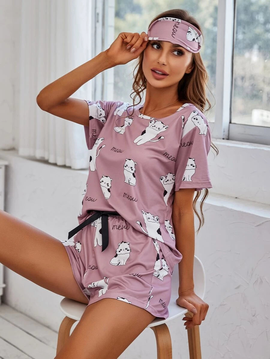 Cartoon And Letter Graphic Top And Knot Shorts Set