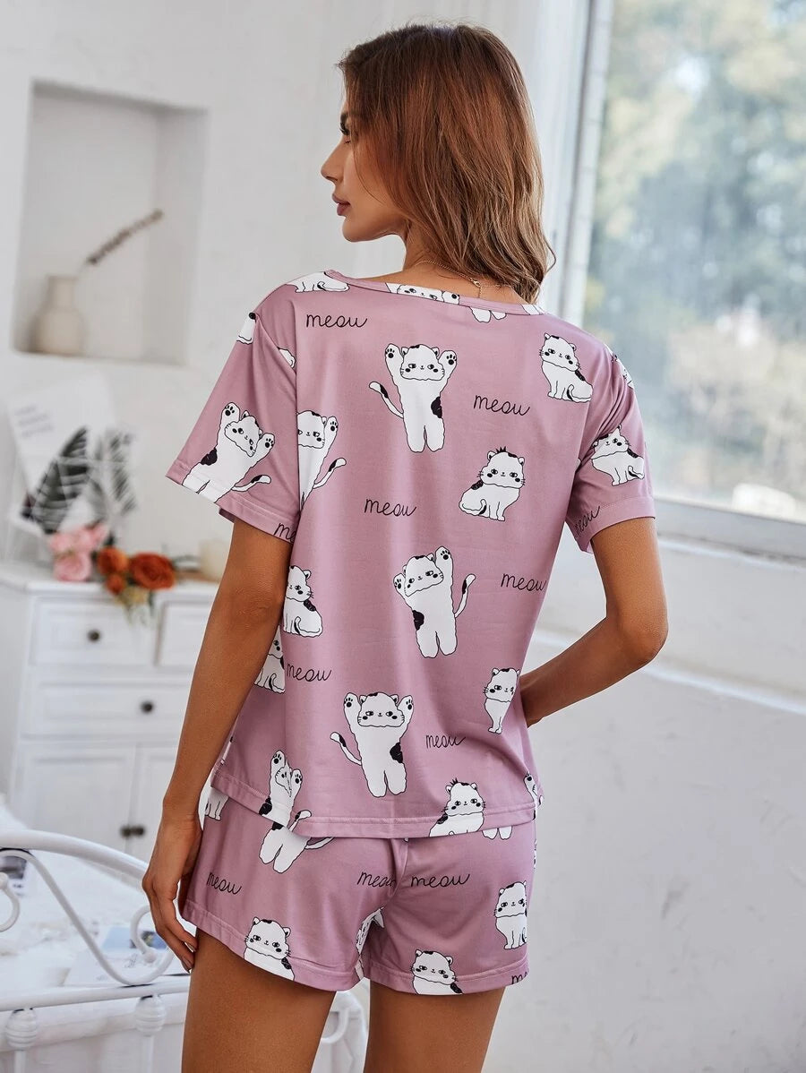 Cartoon And Letter Graphic Top And Knot Shorts Set