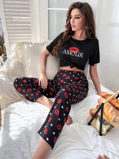 Casual Letter Graphic Tee And Pants Set