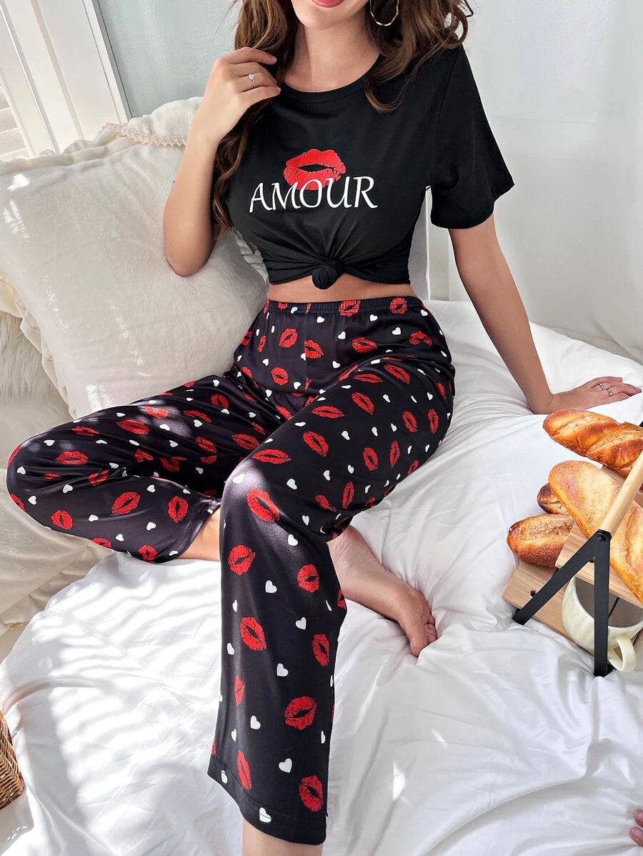 Casual Letter Graphic Tee And Pants Set