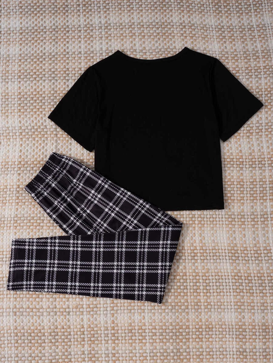 Casual Letter Graphic Tee And Plaid Pants Pajama Set