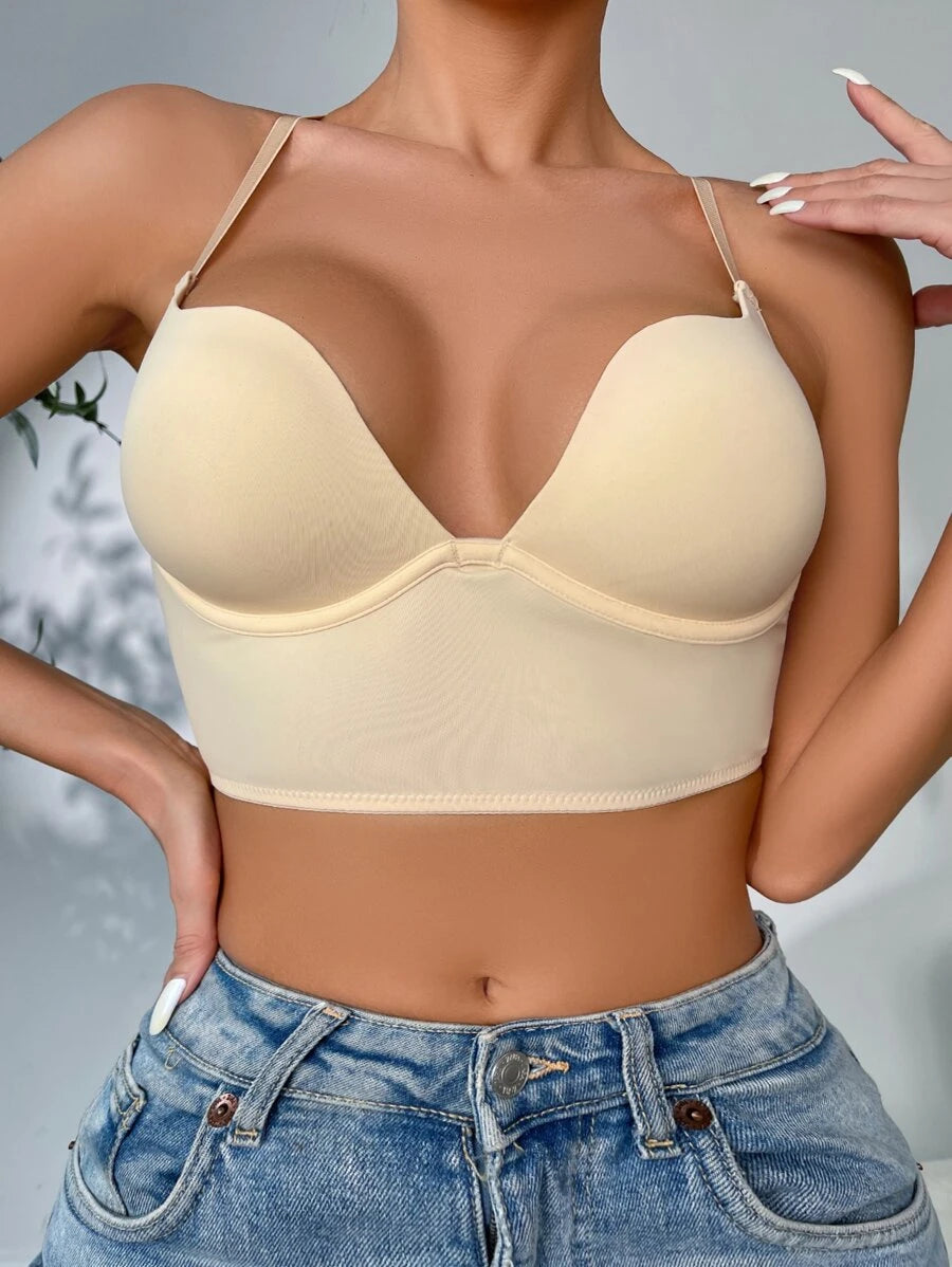 Casual Solid Underwire Criss Cross Bra Beige