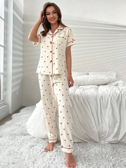 Cherry Print Contrast Piping Blouse And Pants Set