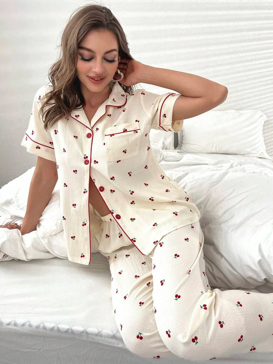 Cherry Print Contrast Piping Blouse And Pants Set