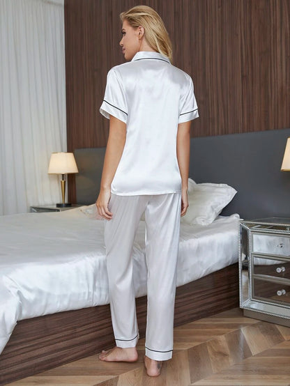 Comfy Letter Contrast Binding Satin Blouse And Pants Set