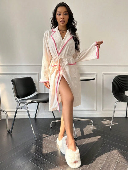 Contrast Binding Belted Robe Beige