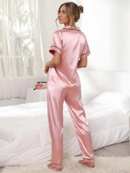 Contrast Binding Satin Pajama Set