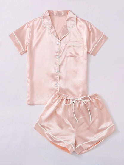 Contrast Binding Button Front Satin Set
