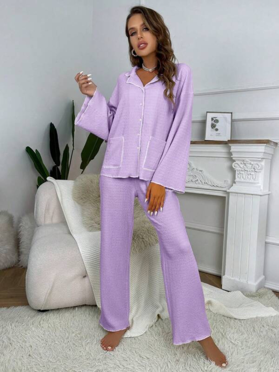 Contrast Binding Casual Lounge Set Purple