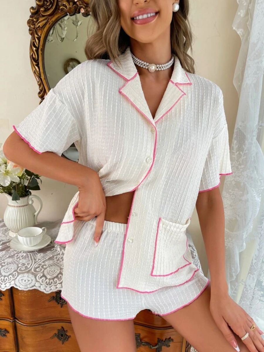 Contrast Binding Double Pocket Pajama Set