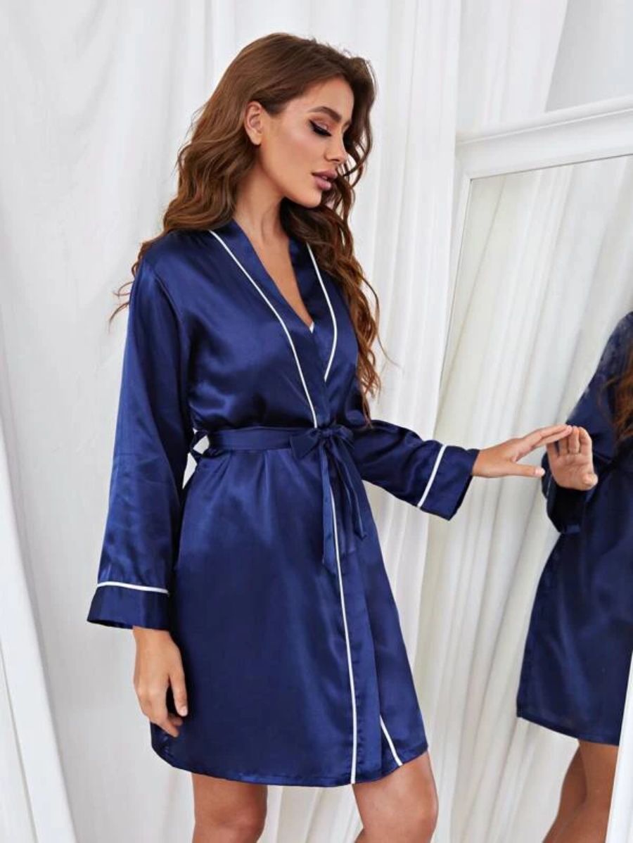 Contrast Binding Satin Night Robe