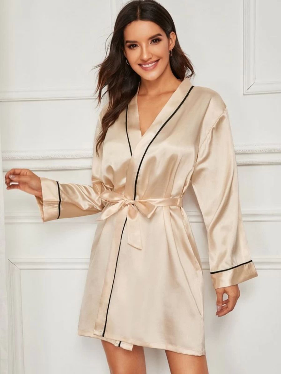 Contrast Binding Satin Night Robe