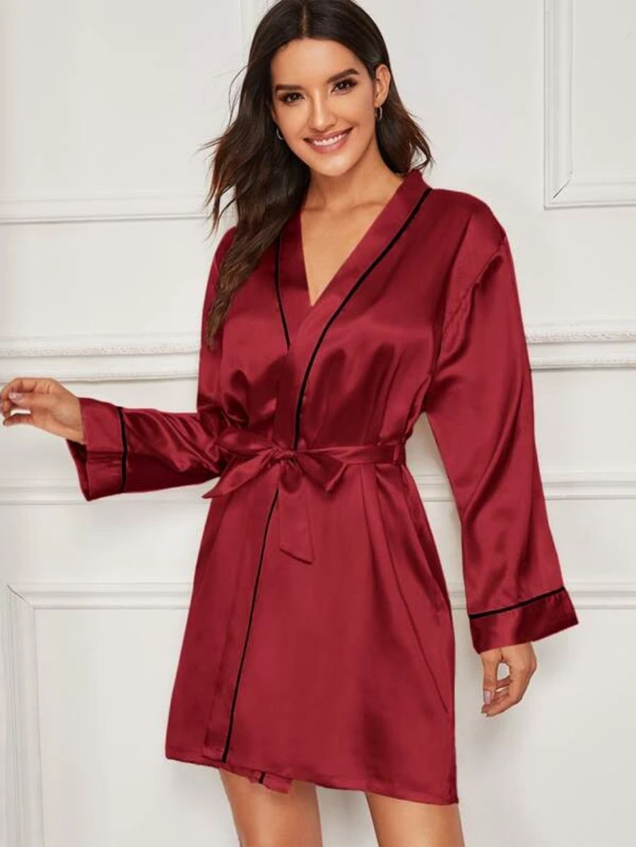 Contrast Binding Satin Night Robe