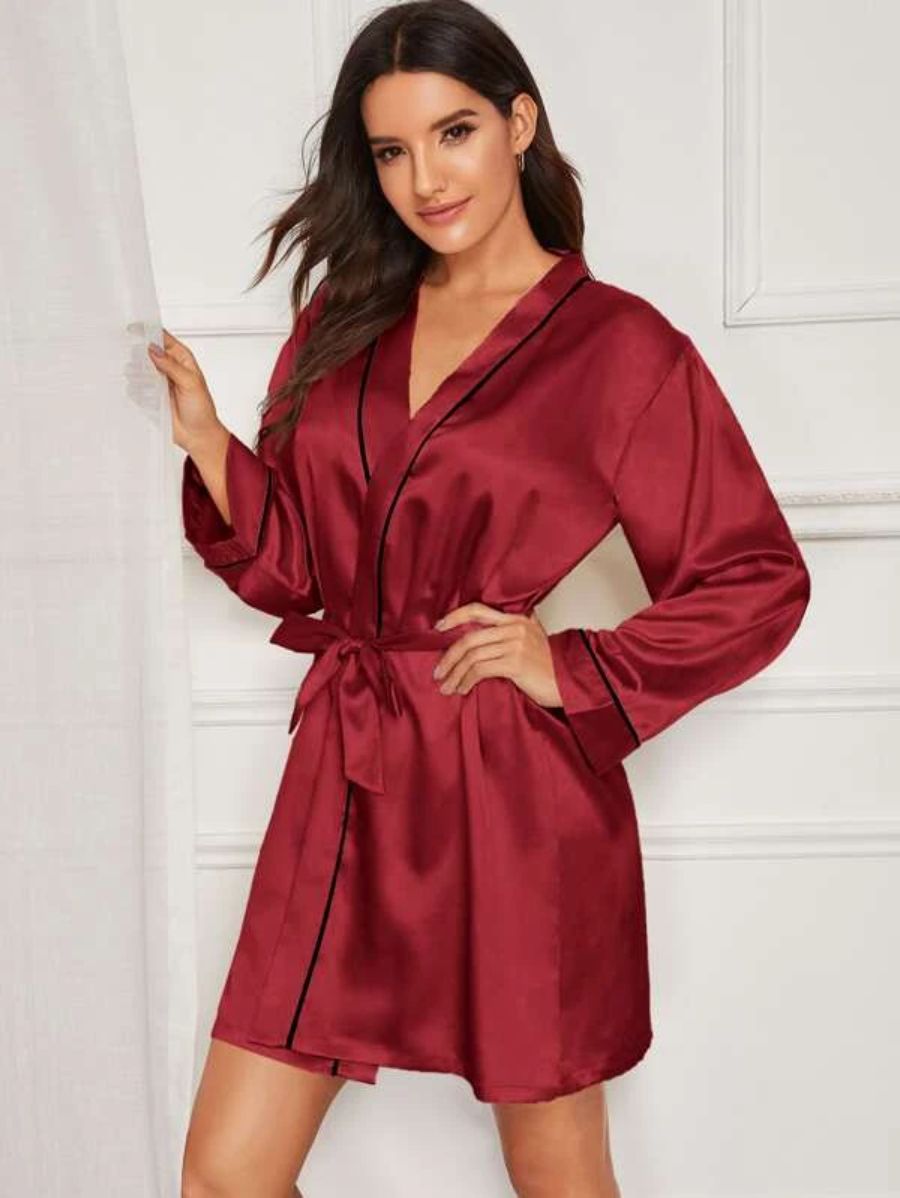 Contrast Binding Satin Night Robe Maroon