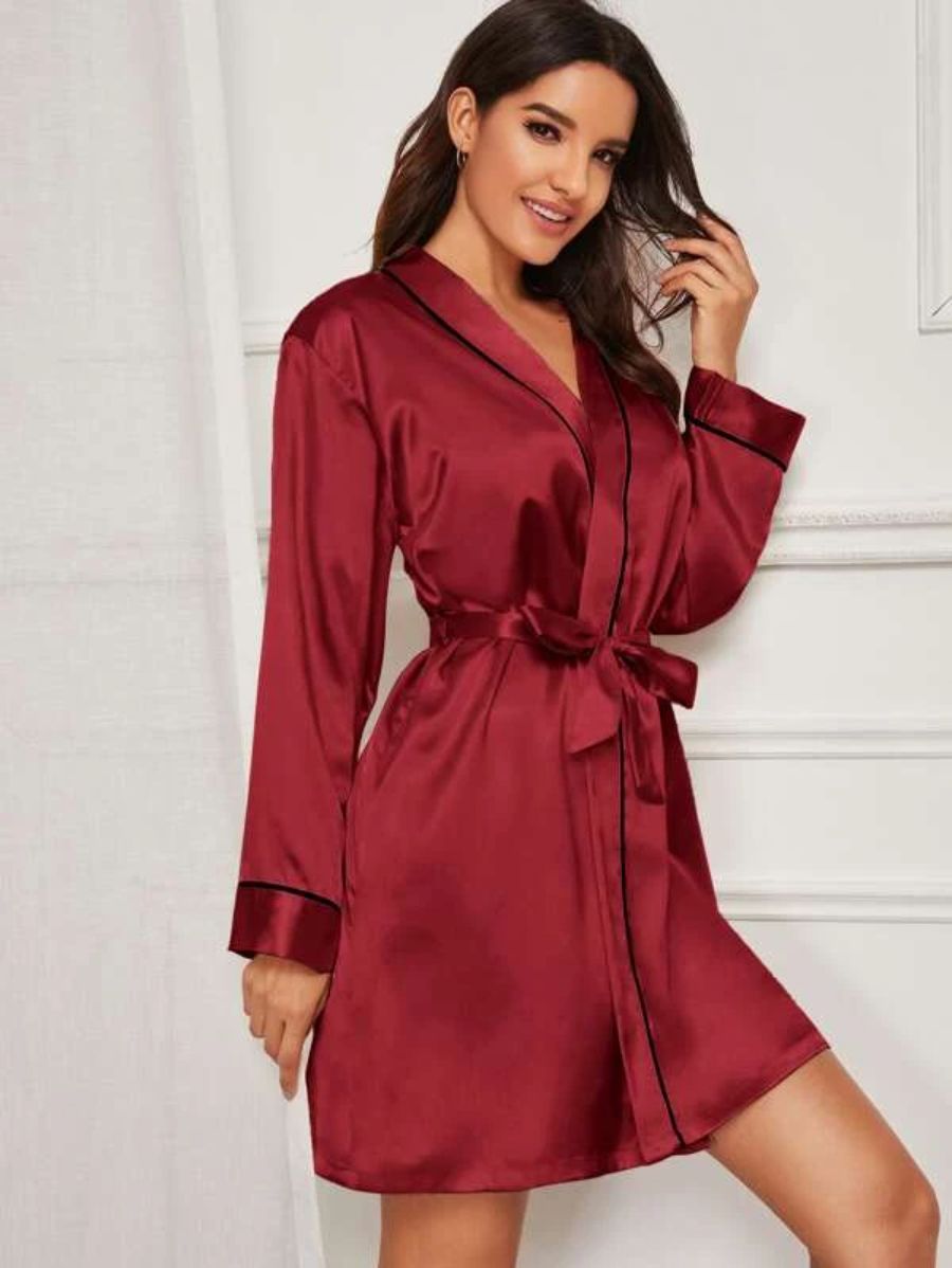 Contrast Binding Satin Night Robe