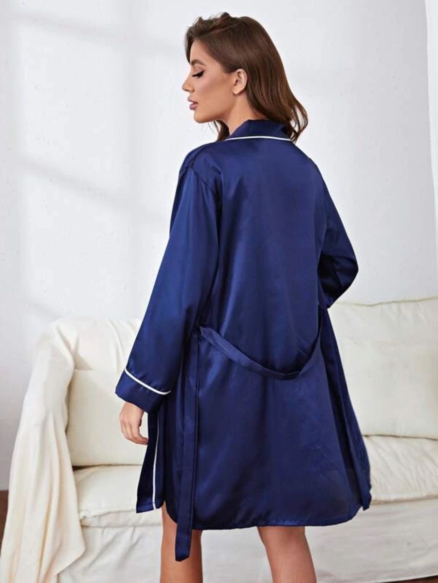 Contrast Binding Satin Night Robe