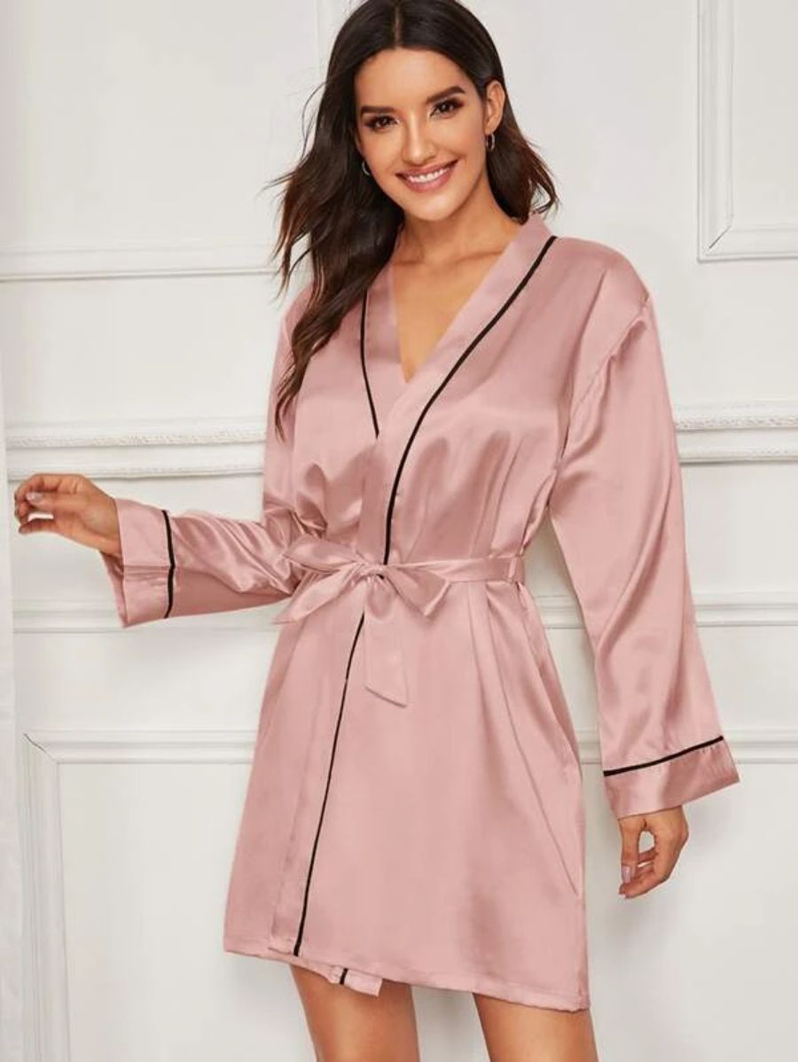 Contrast Binding Satin Night Robe