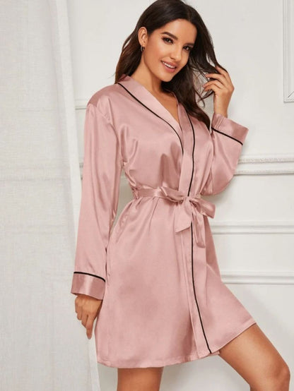 Contrast Binding Satin Night Robe Pink