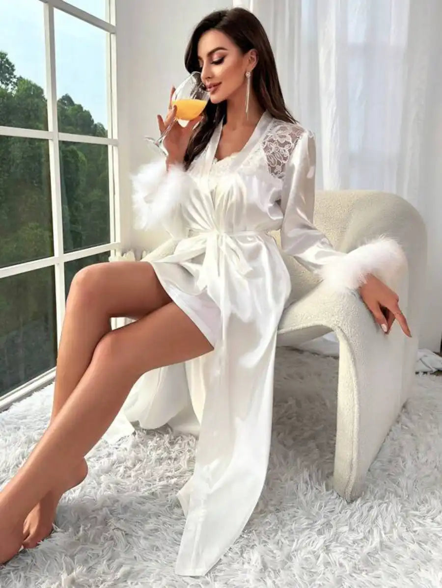 Contrast Lace Belted Satin Robe And Cami Dress Set