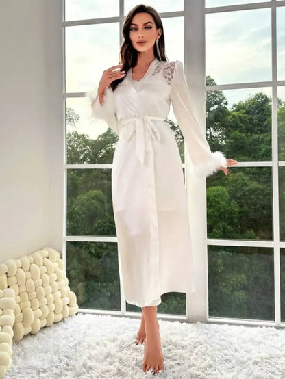 Contrast Lace Belted Satin Robe And Cami Dress Set White