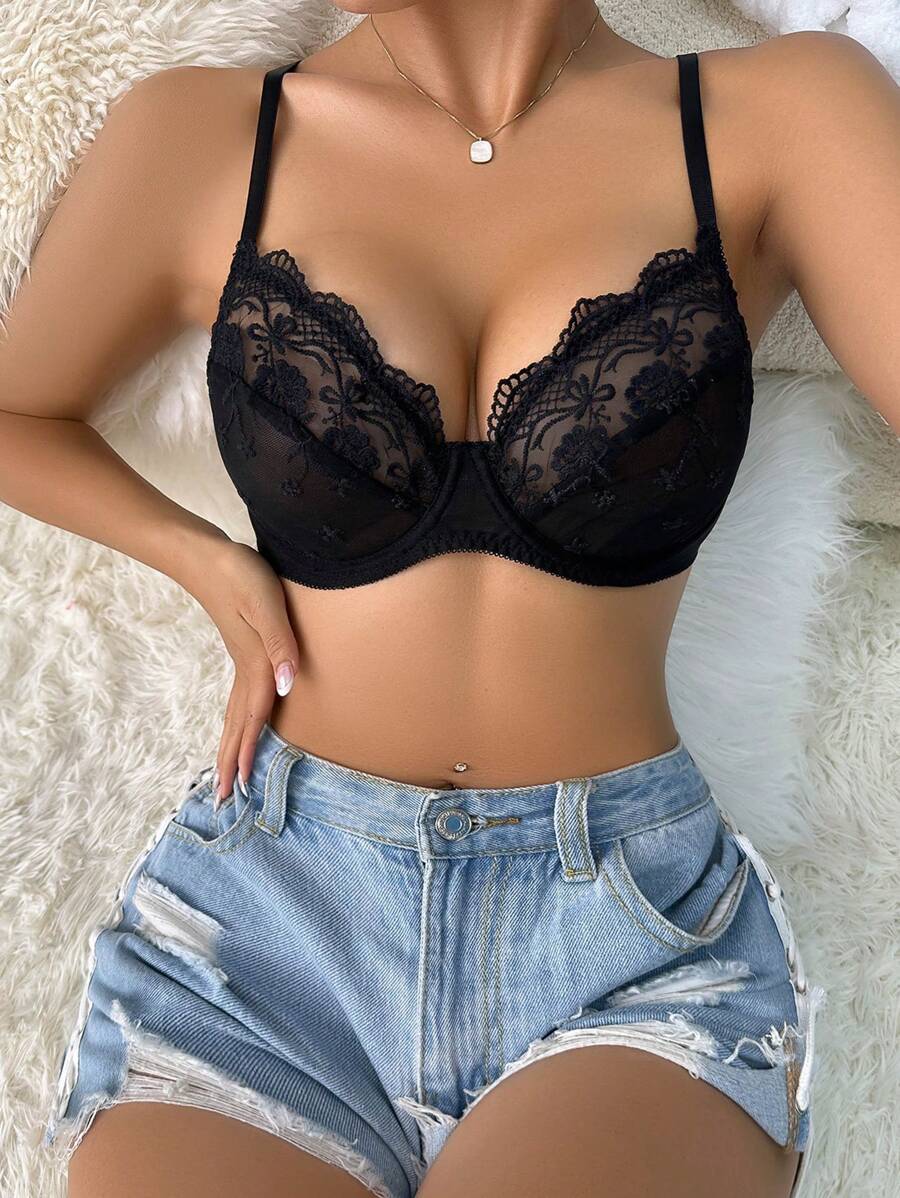 Contrast Lace Embroidery Underwire Bra Black