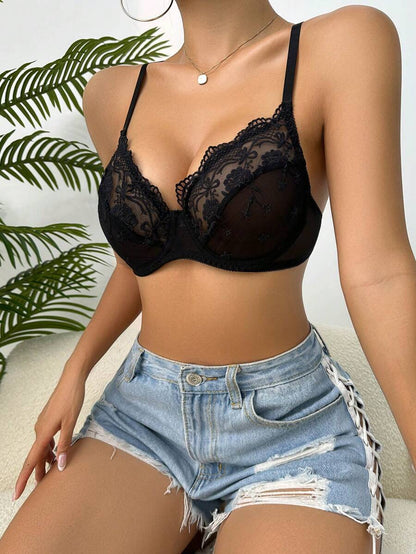 Contrast Lace Embroidery Underwire Bra