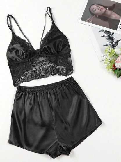 Contrast Lace Harness Satin Cami Top And Shorts Set