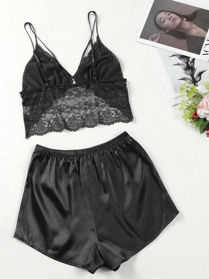 Contrast Lace Harness Satin Cami Top And Shorts Set