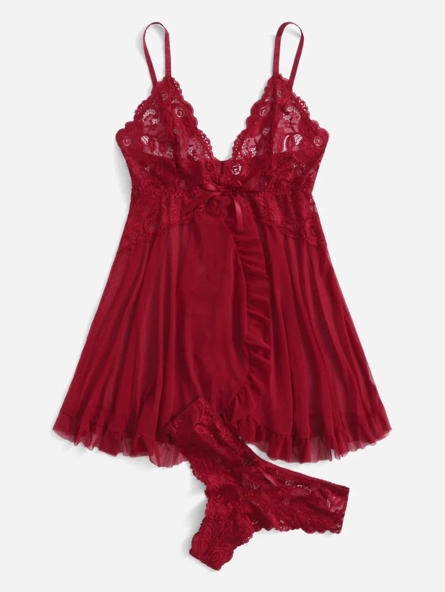 Contrast Lace Mesh Slip With Thong Maroon