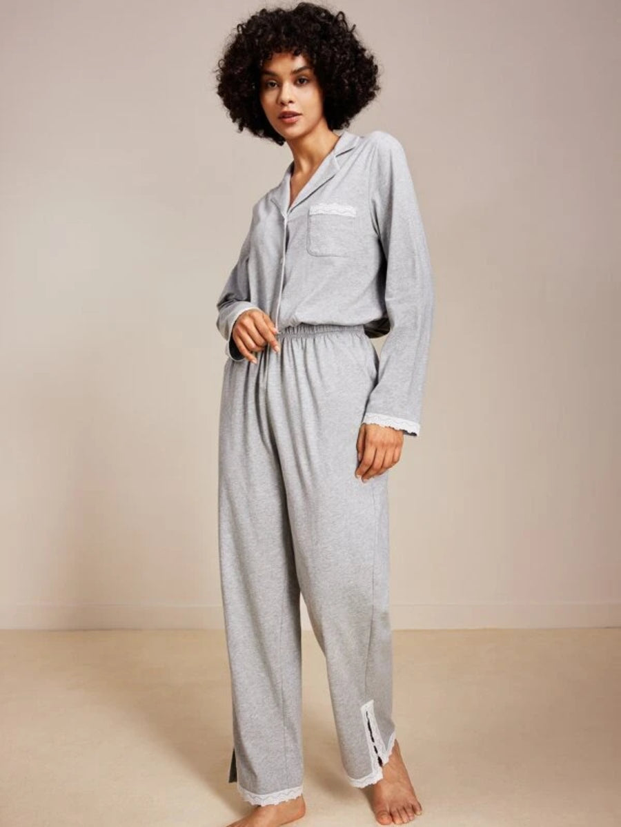 Contrast Lace Cotton Pajama Set