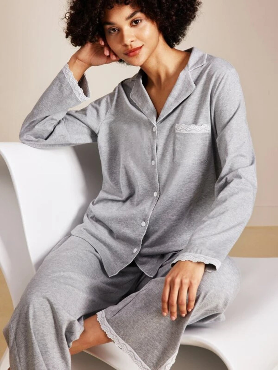Contrast Lace Cotton Pajama Set