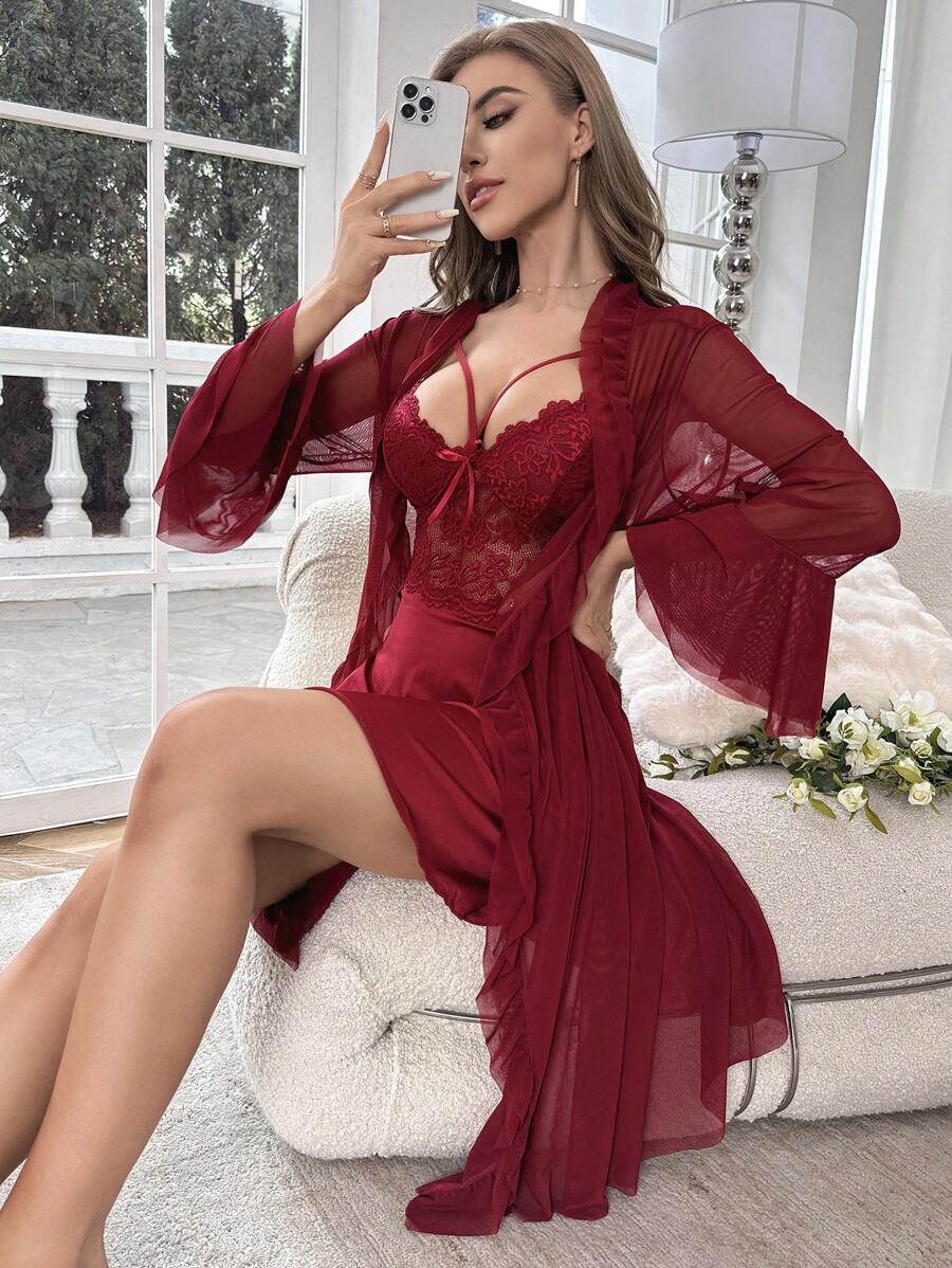 Ruffle Trim Cami Nightdress And Robe Set Maroon