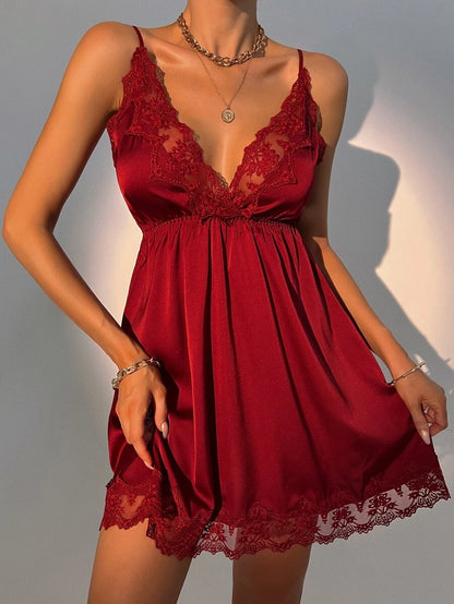 Contrast Lace Satin Slip Maroon