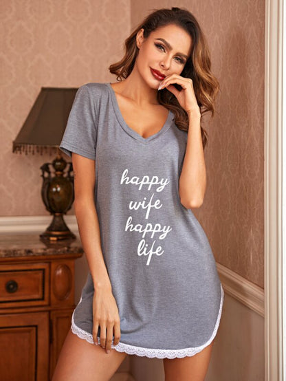 Contrast Lace Slogan Graphic Nightdress