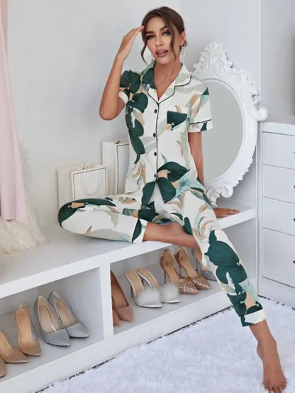 Contrast Piping Floral Print Night Set