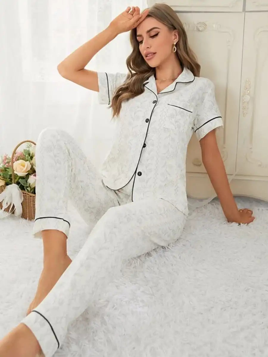 Contrast Piping Jacquard Pajama Set