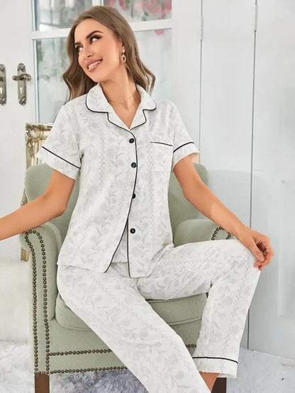 Contrast Piping Jacquard Pajama Set