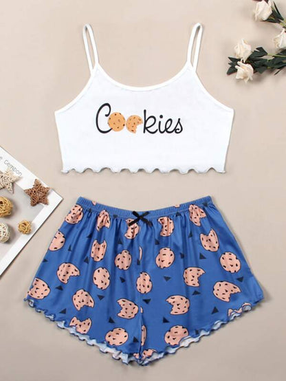 Cookies And Letter Graphic Lettuce Trim Cami Set