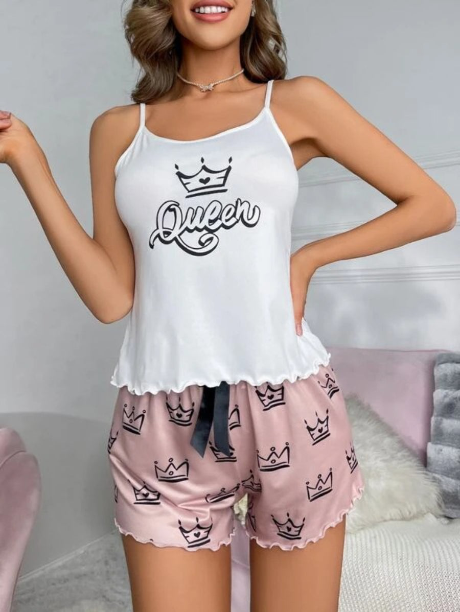 Crown And Letter Graphic Bow Front Pajama Set