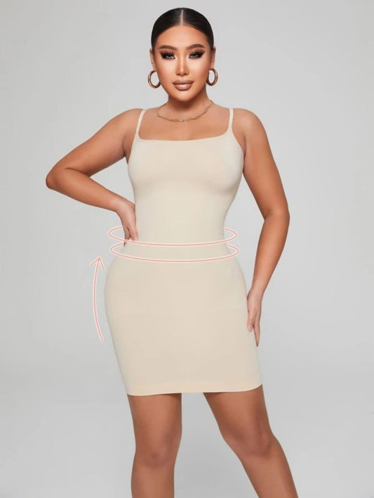 Detachable And Adjustable Spaghetti Straps Shapewear Slip Dress Beige