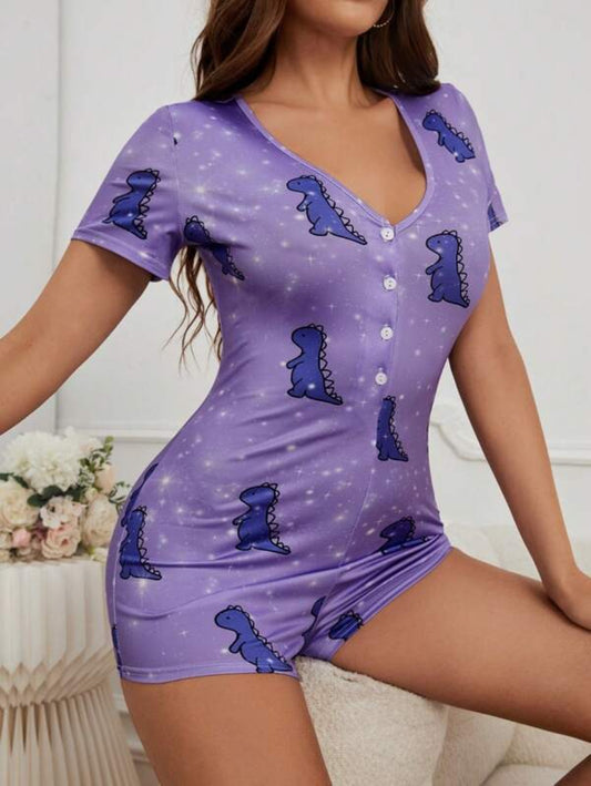 Dinosaur Print Button Front Short Sleeves Sleep Romper