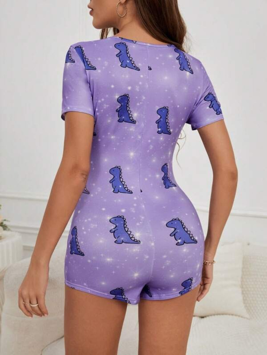 Dinosaur Print Button Front Short Sleeves Sleep Romper