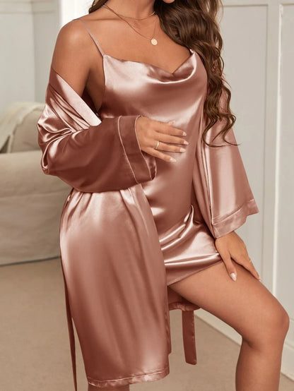 Draped Collar Satin Cami Dress And Belted Robe Set