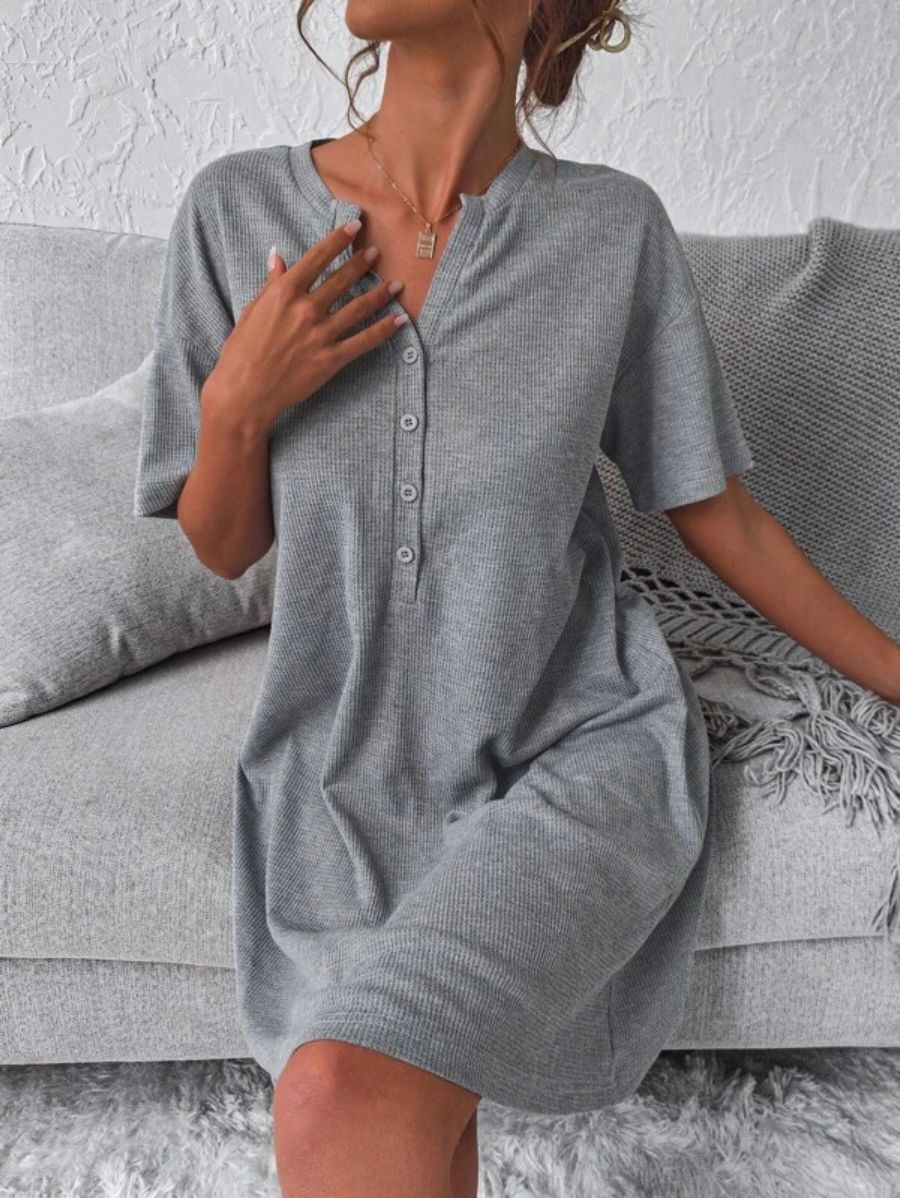 Drop Shoulder Pattern Night Dress Gray