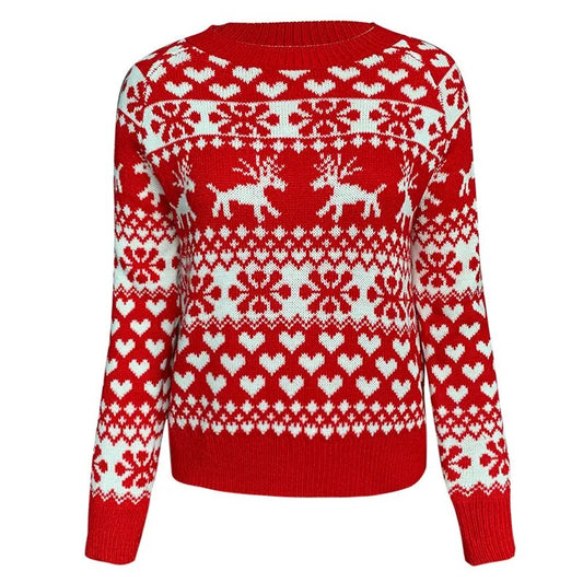 Elegant Cordate And Deer Printed Sweater Red