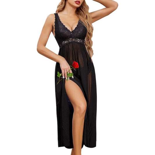 Elegant Lace Trimmed Nightdress Black